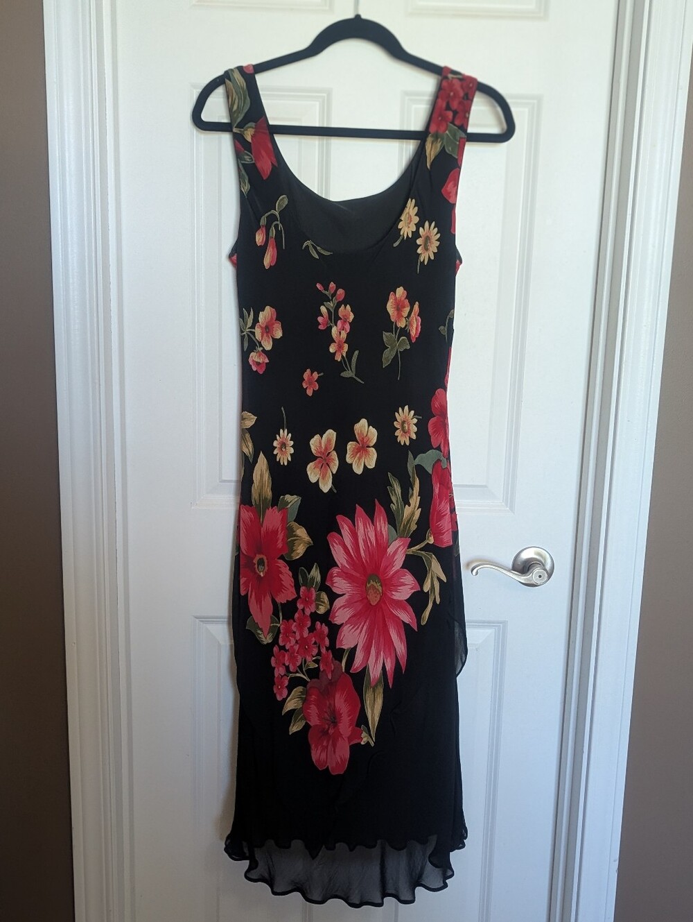 Midi Dress Black Floral W/Beading Sleeveless With Chiffon Layers Women's 16